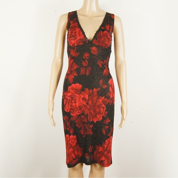 Vintage 90s Le Chateau Rose Floral Black Midi Dress - Picture 1 of 7